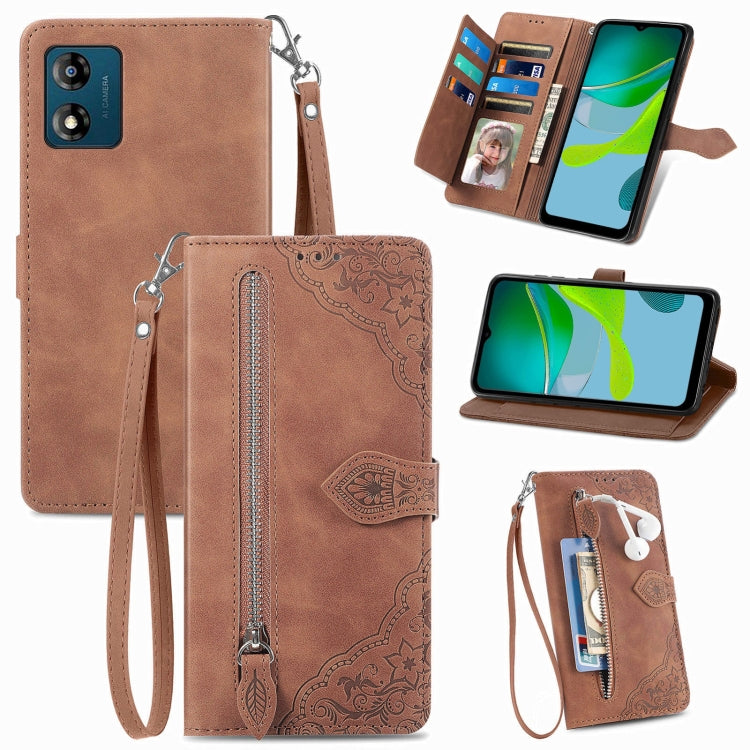 Embossed Flower Zipper Leather Phone Case, For Motorola Moto E13, For Motorola Moto G23, For OnePlus Nord CE 3 Lite, For OPPO Find X6 Pro