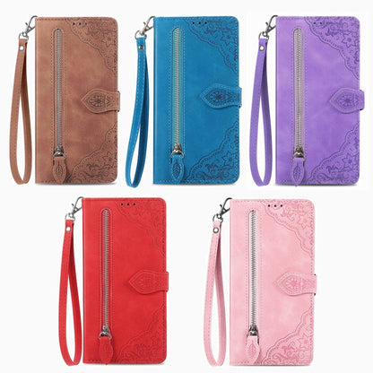Embossed Flower Zipper Leather Phone Case, For Motorola Moto E13, For Motorola Moto G23, For OnePlus Nord CE 3 Lite, For OPPO Find X6 Pro