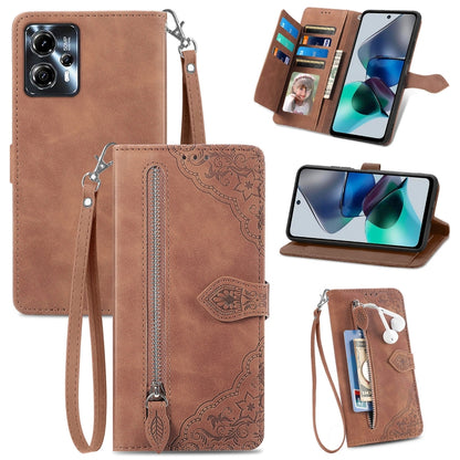 Embossed Flower Zipper Leather Phone Case, For Motorola Moto E13, For Motorola Moto G23, For OnePlus Nord CE 3 Lite, For OPPO Find X6 Pro