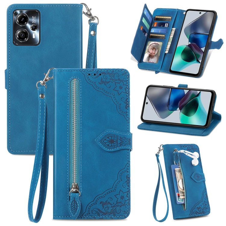 Embossed Flower Zipper Leather Phone Case, For Motorola Moto E13, For Motorola Moto G23, For OnePlus Nord CE 3 Lite, For OPPO Find X6 Pro