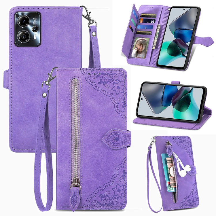 Embossed Flower Zipper Leather Phone Case, For Motorola Moto E13, For Motorola Moto G23, For OnePlus Nord CE 3 Lite, For OPPO Find X6 Pro