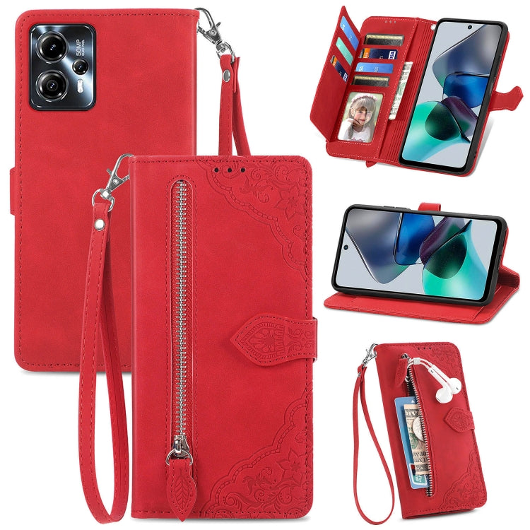 Embossed Flower Zipper Leather Phone Case, For Motorola Moto E13, For Motorola Moto G23, For OnePlus Nord CE 3 Lite, For OPPO Find X6 Pro