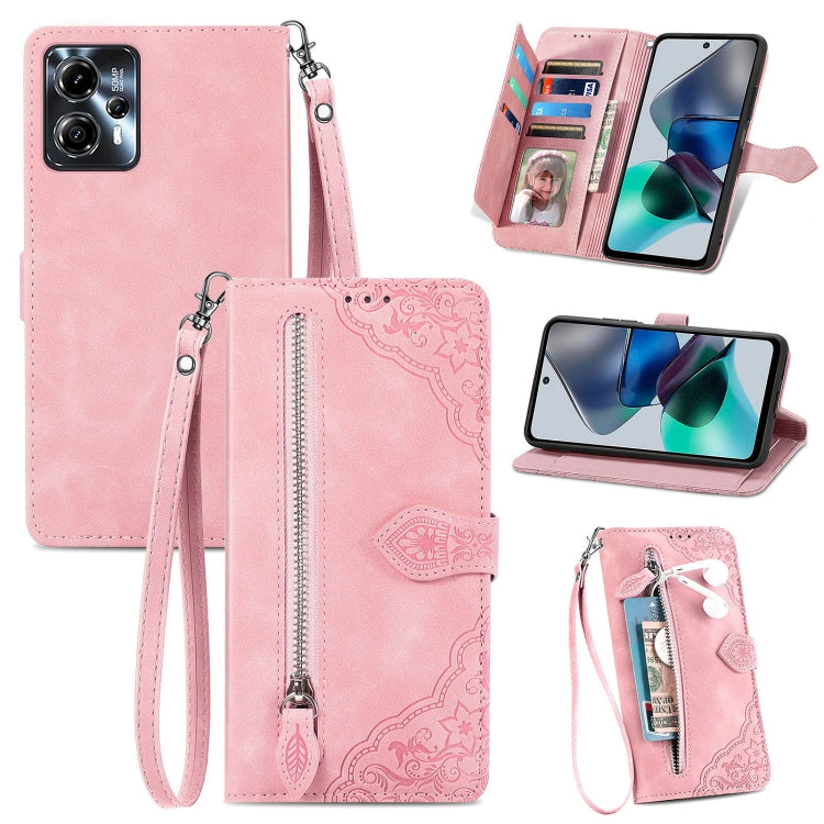 Embossed Flower Zipper Leather Phone Case, For Motorola Moto E13, For Motorola Moto G23, For OnePlus Nord CE 3 Lite, For OPPO Find X6 Pro