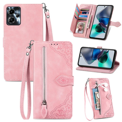 Embossed Flower Zipper Leather Phone Case, For Motorola Moto E13, For Motorola Moto G23, For OnePlus Nord CE 3 Lite, For OPPO Find X6 Pro