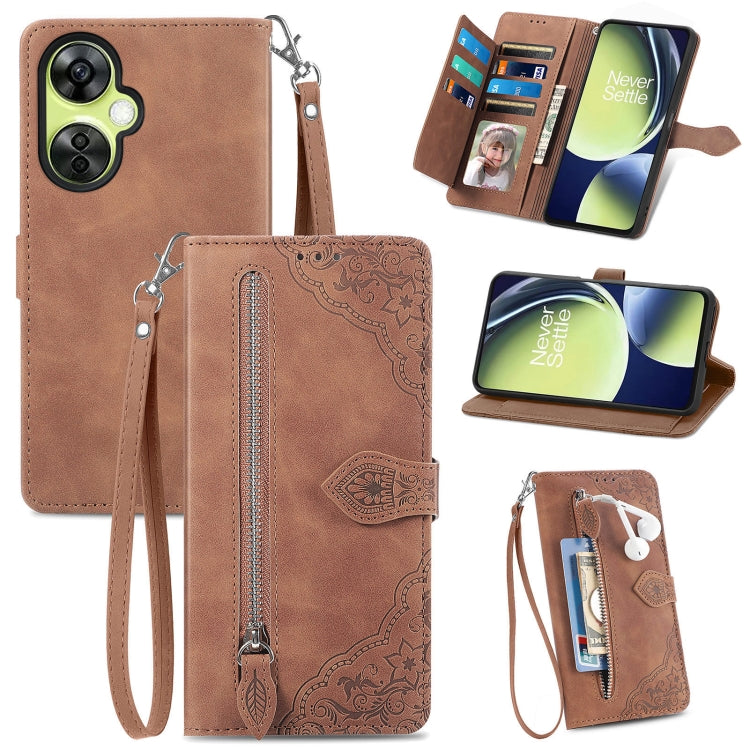 Embossed Flower Zipper Leather Phone Case, For Motorola Moto E13, For Motorola Moto G23, For OnePlus Nord CE 3 Lite, For OPPO Find X6 Pro
