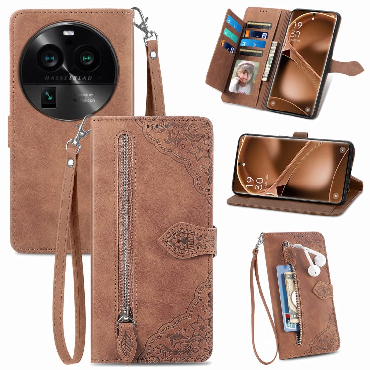 Embossed Flower Zipper Leather Phone Case, For Motorola Moto E13, For Motorola Moto G23, For OnePlus Nord CE 3 Lite, For OPPO Find X6 Pro