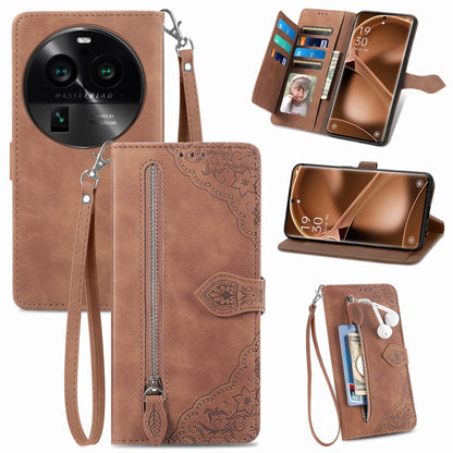 Embossed Flower Zipper Leather Phone Case, For Motorola Moto E13, For Motorola Moto G23, For OnePlus Nord CE 3 Lite, For OPPO Find X6 Pro