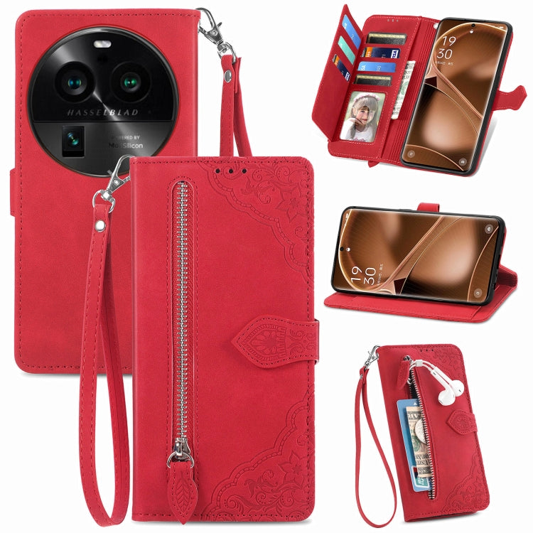 Embossed Flower Zipper Leather Phone Case, For Motorola Moto E13, For Motorola Moto G23, For OnePlus Nord CE 3 Lite, For OPPO Find X6 Pro