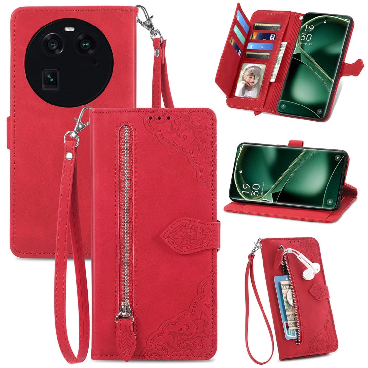Embossed Flower Zipper Leather Phone Case, For OPPO Find X6, For Redmi Note 12 Pro 4G Global, For Redmi Note 12 4G Global, For Redmi Note 12 Turbo
