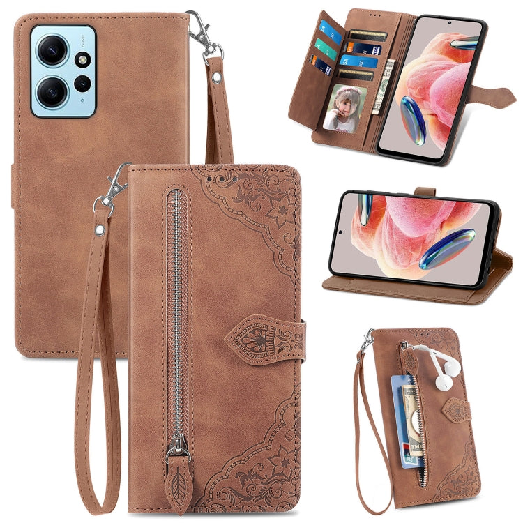 Embossed Flower Zipper Leather Phone Case, For OPPO Find X6, For Redmi Note 12 Pro 4G Global, For Redmi Note 12 4G Global, For Redmi Note 12 Turbo