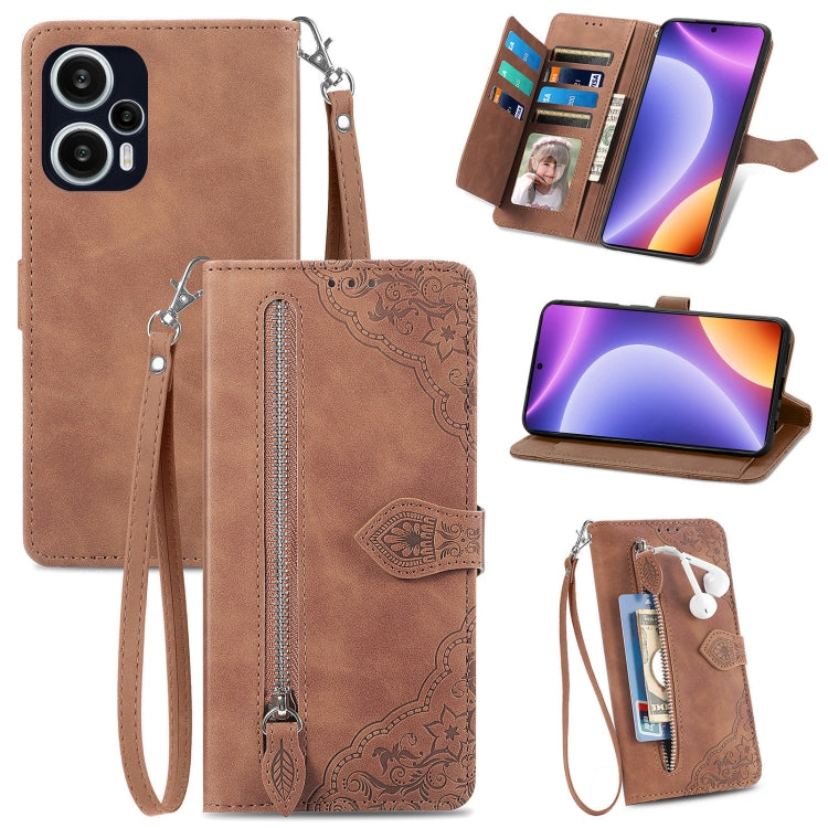 Embossed Flower Zipper Leather Phone Case, For OPPO Find X6, For Redmi Note 12 Pro 4G Global, For Redmi Note 12 4G Global, For Redmi Note 12 Turbo