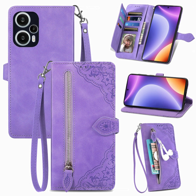 Embossed Flower Zipper Leather Phone Case, For OPPO Find X6, For Redmi Note 12 Pro 4G Global, For Redmi Note 12 4G Global, For Redmi Note 12 Turbo
