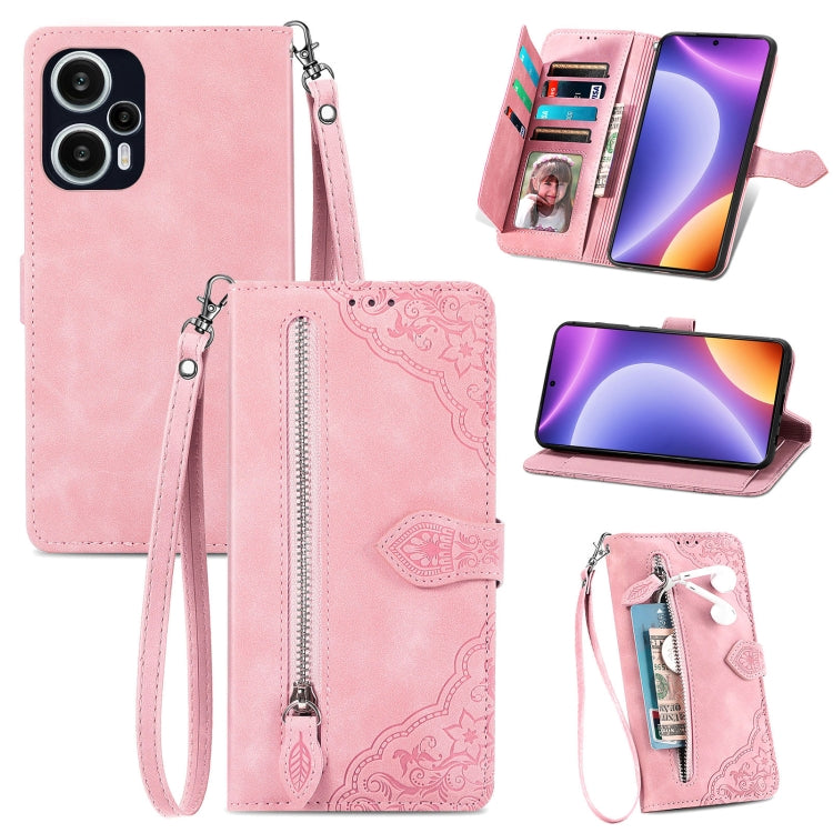 Embossed Flower Zipper Leather Phone Case, For OPPO Find X6, For Redmi Note 12 Pro 4G Global, For Redmi Note 12 4G Global, For Redmi Note 12 Turbo