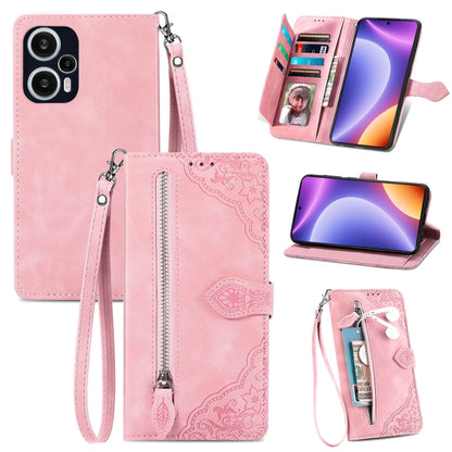 Embossed Flower Zipper Leather Phone Case, For OPPO Find X6, For Redmi Note 12 Pro 4G Global, For Redmi Note 12 4G Global, For Redmi Note 12 Turbo