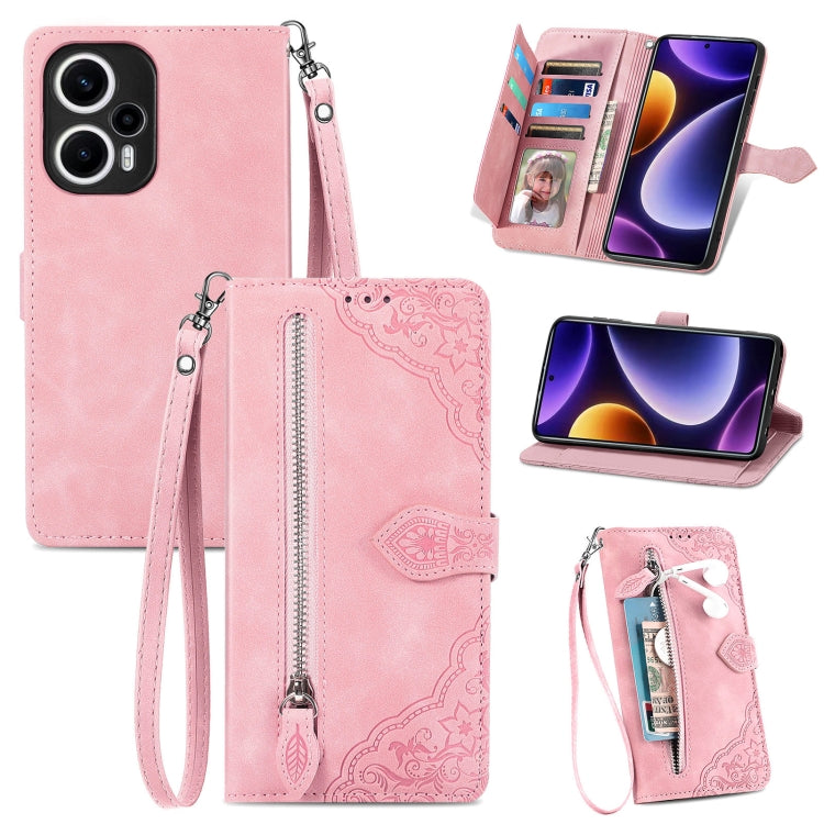 Embossed Flower Zipper Leather Phone Case, For Xiaomi POCO F5