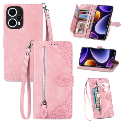 Embossed Flower Zipper Leather Phone Case, For Xiaomi POCO F5