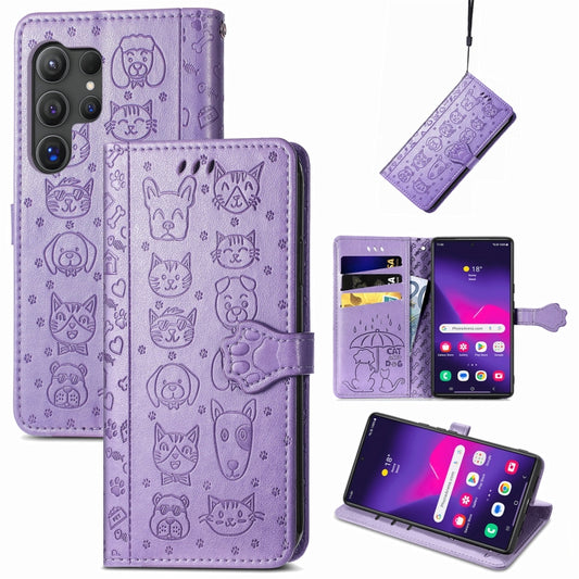 Cat and Dog Embossed Leather Phone Case, For Samsung Galaxy S24 Ultra 5G, For Samsung Galaxy S24+ 5G, For Samsung Galaxy S24 5G
