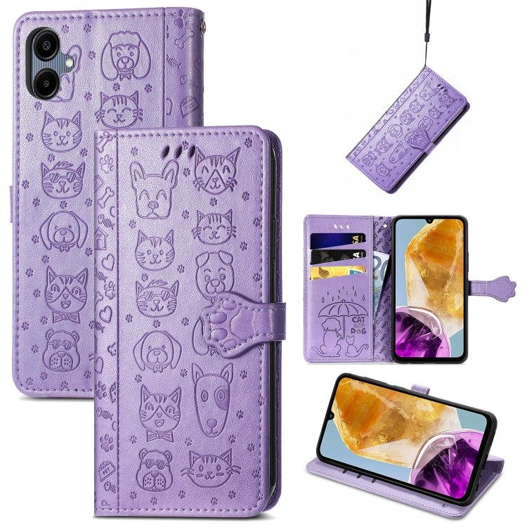 Cat and Dog Embossed Leather Phone Case, For Samsung Galaxy A16, For Samsung Galaxy A06, For Samsung Galaxy M35
