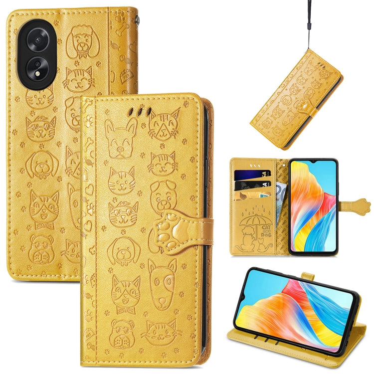 Cat and Dog Embossed Leather Phone Case, For OPPO A79 5G / A2 5G, ForOPPO Reno11 F 5G, For OPPO A38