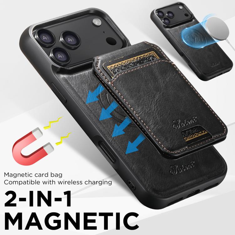 Suteni H15 MagSafe Oil Eax Leather Detachable Wallet Back Phone Case, For iPhone 18, For iPhone 18 Pro, For iPhone 18 Pro Max, For iPhone 17 Pro Max
