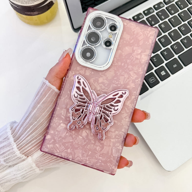 Plating Glitter Texture Butterfly Holder TPU Phone Case with Lens Film, For Samsung Galaxy S23 Ultra 5G