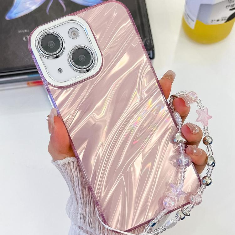 Plating Glitter Texture Chain Wristband TPU Phone Case with Lens Film, For iPhone 15