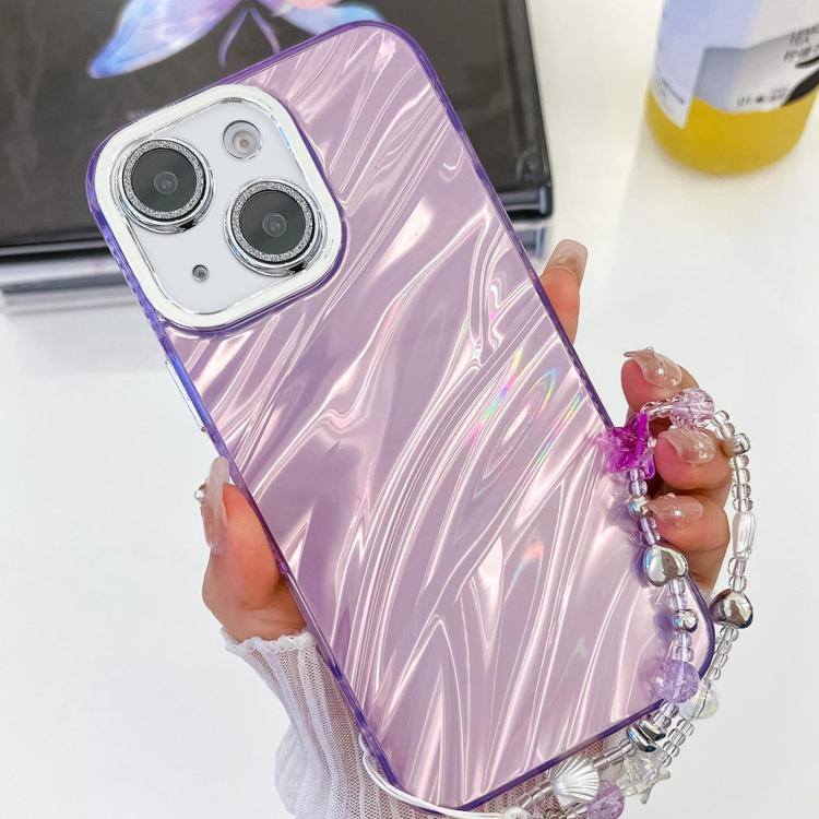 Plating Glitter Texture Chain Wristband TPU Phone Case with Lens Film, For iPhone 15