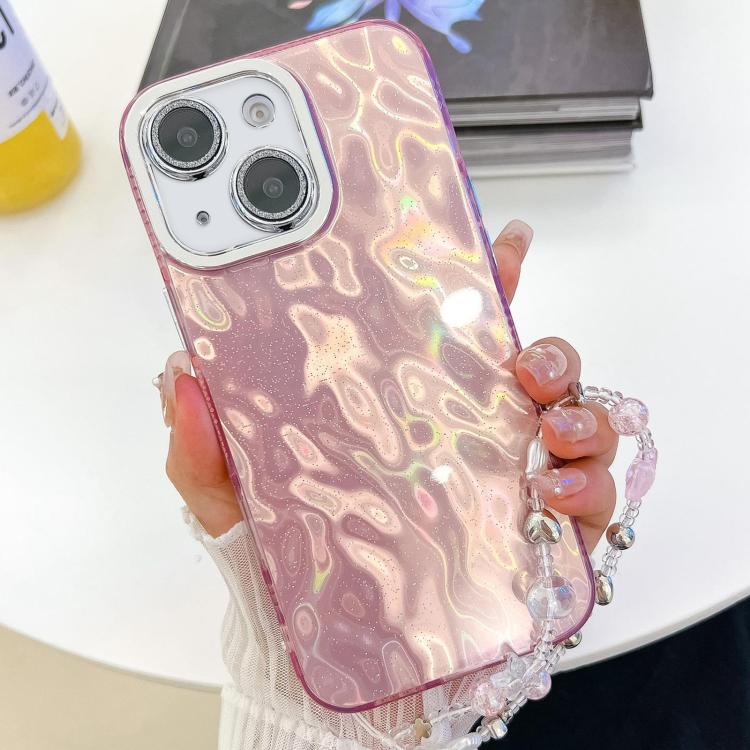 Plating Glitter Texture Chain Wristband TPU Phone Case with Lens Film, For iPhone 15
