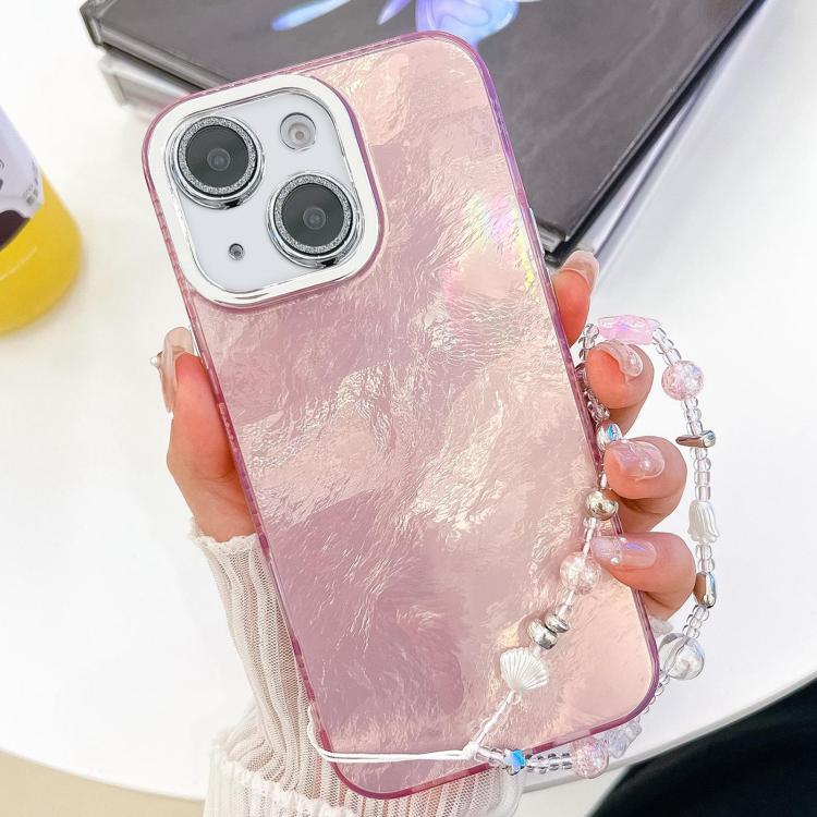 Plating Glitter Texture Chain Wristband TPU Phone Case with Lens Film, For iPhone 15