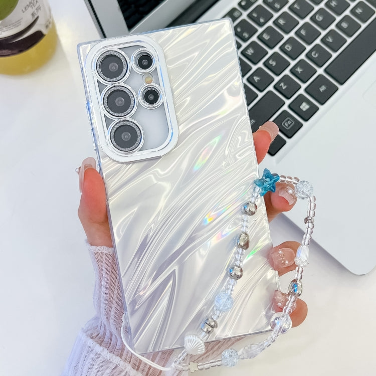 Plating Glitter Texture Chain Wristband TPU Phone Case with Lens Film, For Samsung Galaxy S23 Ultra 5G