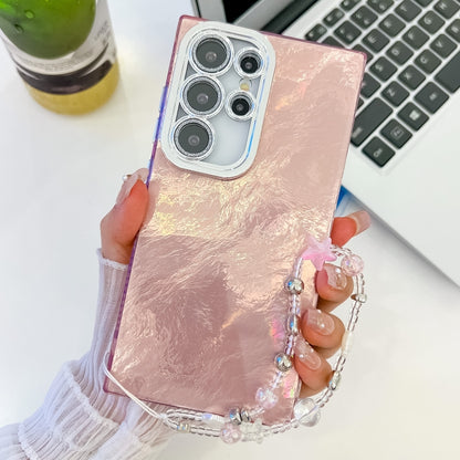 Plating Glitter Texture Chain Wristband TPU Phone Case with Lens Film, For Samsung Galaxy S25 Ultra 5G