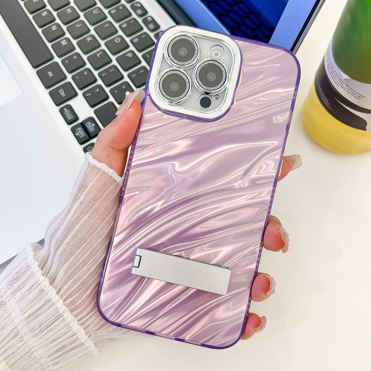 Plating Glitter Texture Fold Holder TPU Phone Case with Lens Film, For iPhone 16 Pro