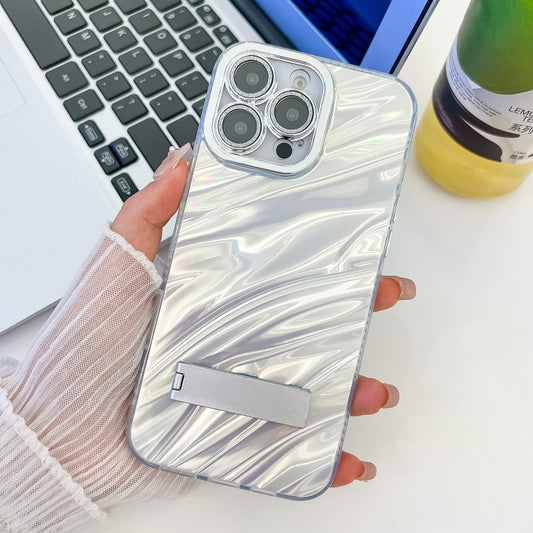 Plating Glitter Texture Fold Holder TPU Phone Case with Lens Film, For iPhone 15 Pro Max