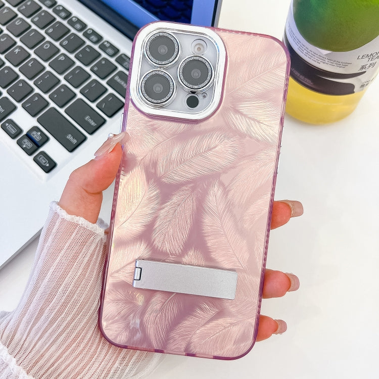 Plating Glitter Texture Fold Holder TPU Phone Case with Lens Film, For iPhone 15 Pro Max