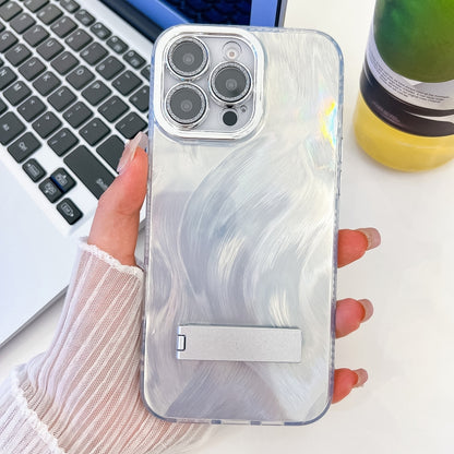Plating Glitter Texture Fold Holder TPU Phone Case with Lens Film, For iPhone 15 Pro Max