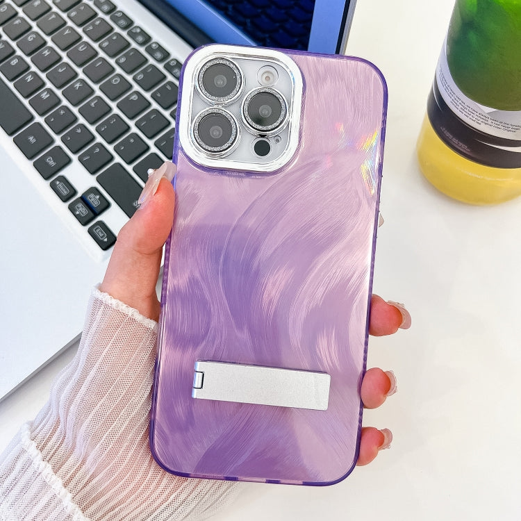 Plating Glitter Texture Fold Holder TPU Phone Case with Lens Film, For iPhone 15 Pro Max