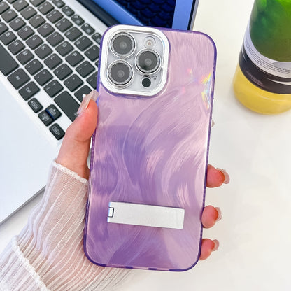 Plating Glitter Texture Fold Holder TPU Phone Case with Lens Film, For iPhone 15 Pro Max