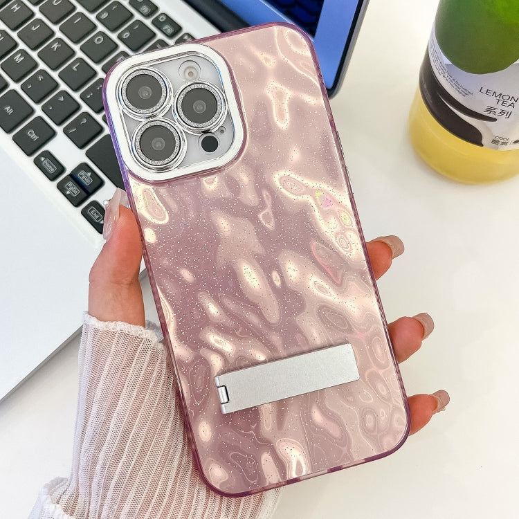 Plating Glitter Texture Fold Holder TPU Phone Case with Lens Film, For iPhone 15 Pro Max