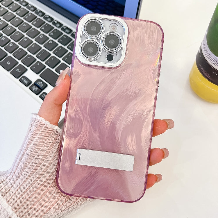 Plating Glitter Texture Fold Holder TPU Phone Case with Lens Film, For iPhone 15 Pro