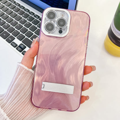 Plating Glitter Texture Fold Holder TPU Phone Case with Lens Film, For iPhone 15 Pro
