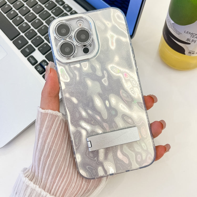 Plating Glitter Texture Fold Holder TPU Phone Case with Lens Film, For iPhone 15 Pro