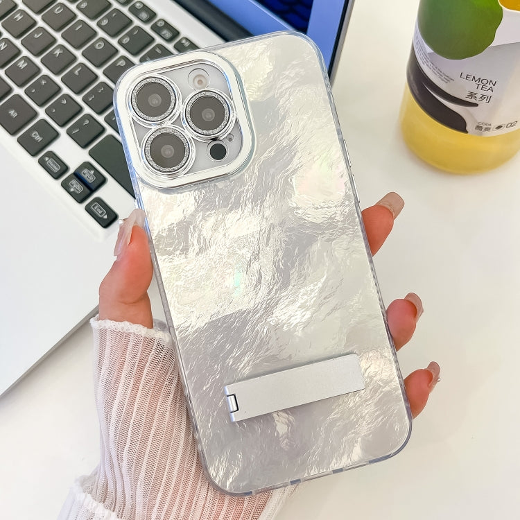 Plating Glitter Texture Fold Holder TPU Phone Case with Lens Film, For iPhone 15 Pro