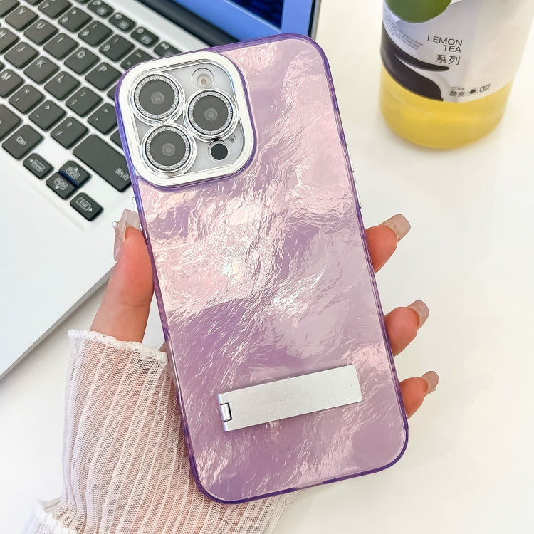 Plating Glitter Texture Fold Holder TPU Phone Case with Lens Film, For iPhone 15 Pro