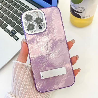 Plating Glitter Texture Fold Holder TPU Phone Case with Lens Film, For iPhone 15 Pro