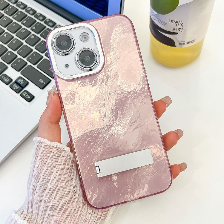 Plating Glitter Texture Fold Holder TPU Phone Case with Lens Film, For iPhone 15