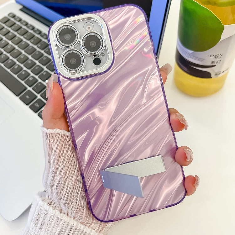 Plating Glitter Texture Fold Holder TPU Phone Case with Lens Film, For iPhone 15 Pro