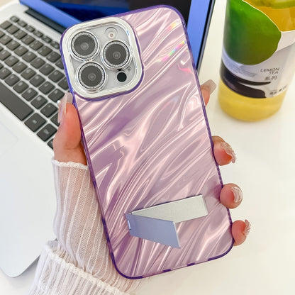 Plating Glitter Texture Fold Holder TPU Phone Case with Lens Film, For iPhone 15 Pro Max
