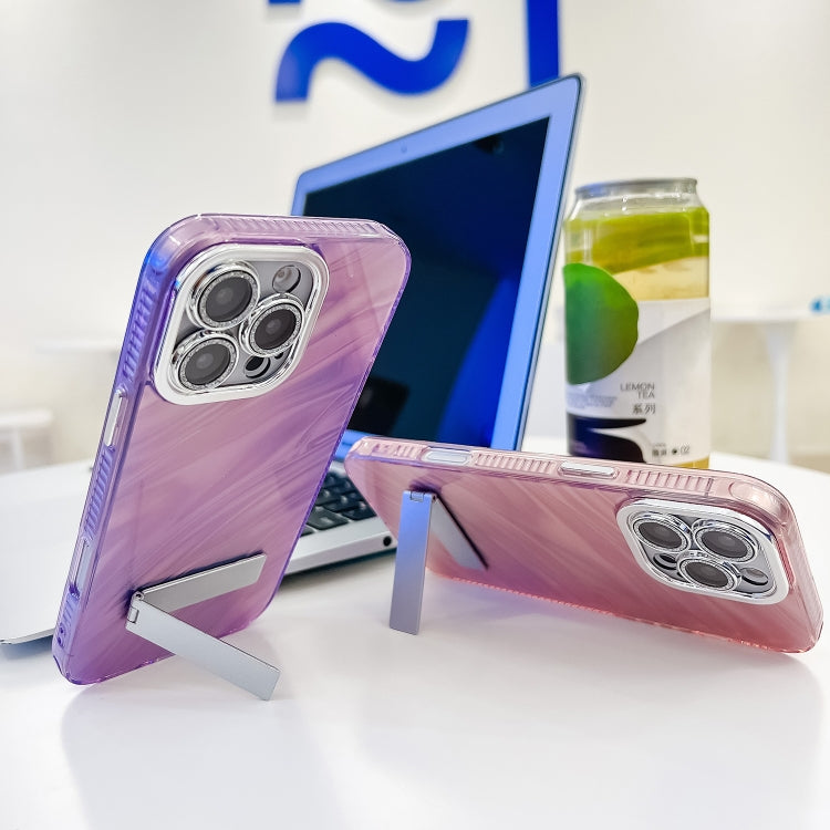 Plating Glitter Texture Fold Holder TPU Phone Case with Lens Film, For iPhone 15