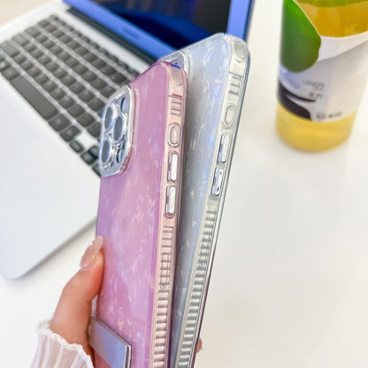 Plating Glitter Texture Fold Holder TPU Phone Case with Lens Film, For iPhone 15