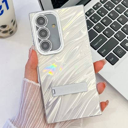 Plating Glitter Texture Fold Holder TPU Phone Case with Lens Film, For Samsung Galaxy S24+ 5G
